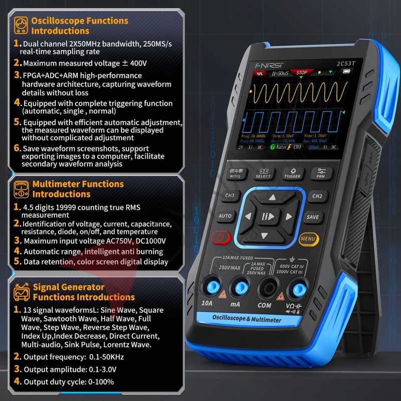 FNIRSI 3in1 Oscilloscope Multimeter Signal Generator 2C53T